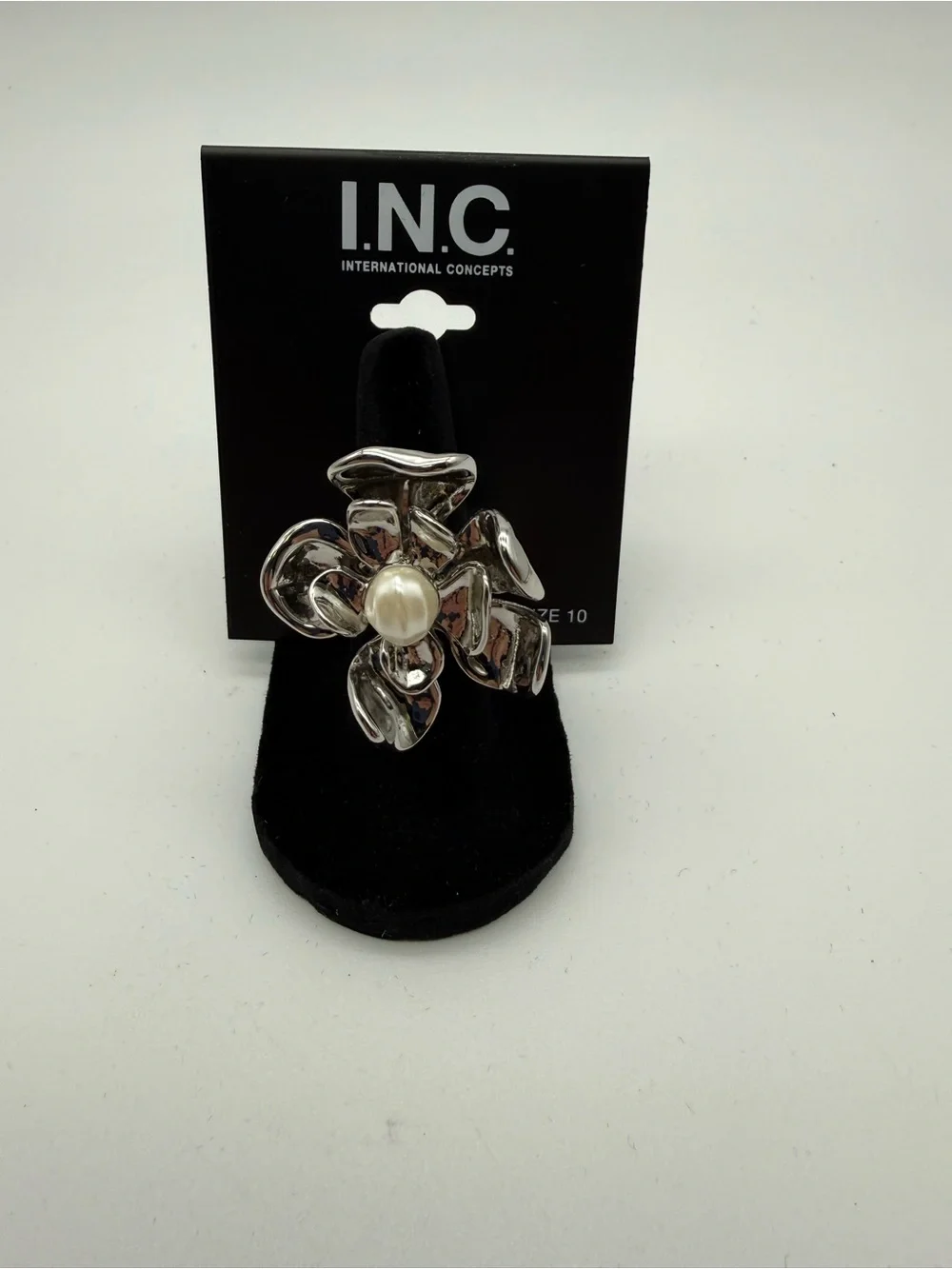 INC International Concepts Silver Floral Ring with Pearl Accent
